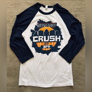Buffalo Bayou Brewing Co. T-Shirt Women’s Blue & White Baseball 3/4 Sleeve Small